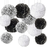 Black,White and Silver Hanging Tissue Paper Pom Poms,Black White Party Decorations(12 PCS)