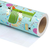 Dinosaur Wrapping Paper Roll - Mini Roll - 17 Inch X 16.5 Feet - Gold Foil Happy Birthday Dinosaur Design For Kids Girls Boys Birthday, Baby Shower