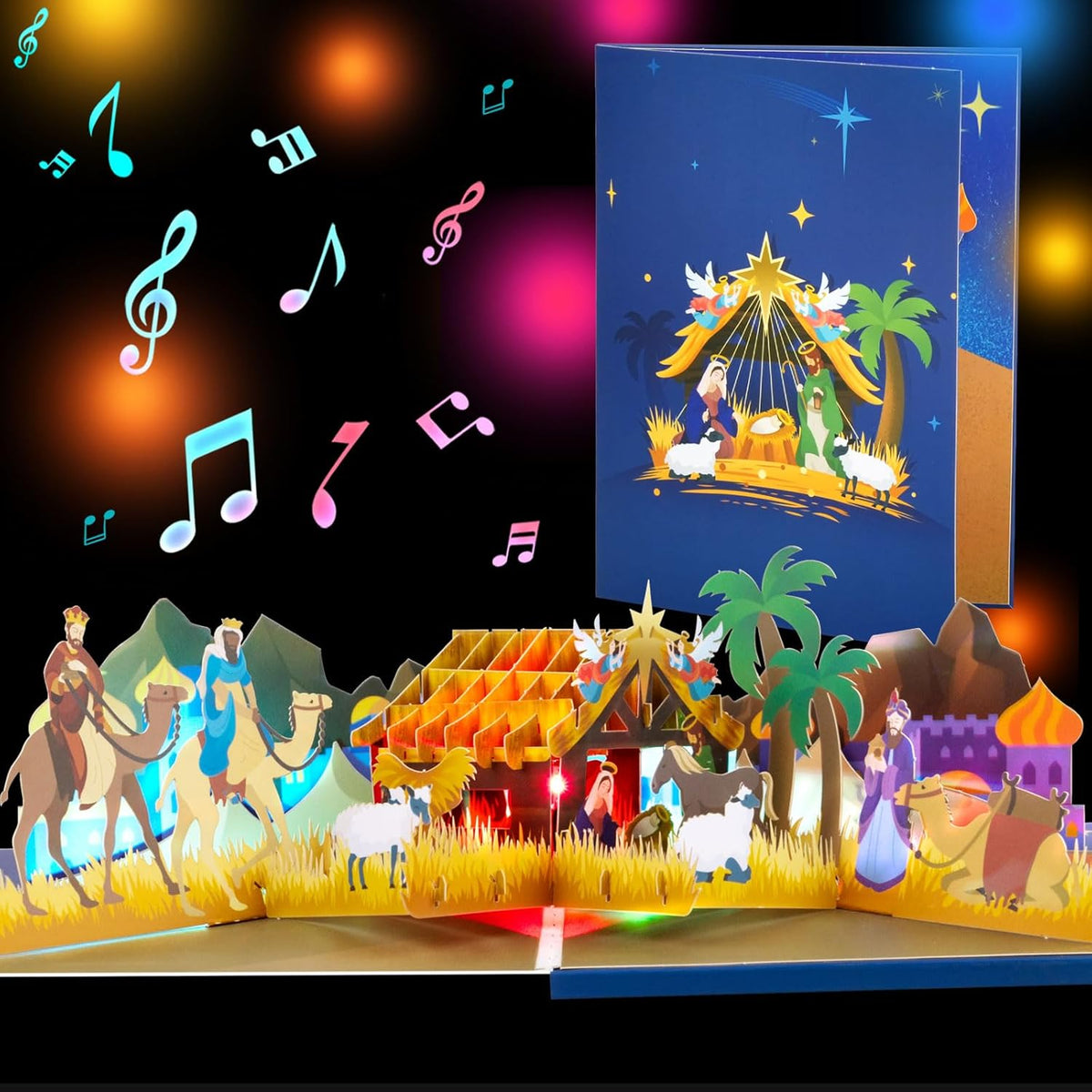 3D Pop Up Nativity Christmas Card With Music And Led Lights - Musical Religious Christmas Greeting Card With Envelope - Nativity Scene Card For Family, Church, Christians