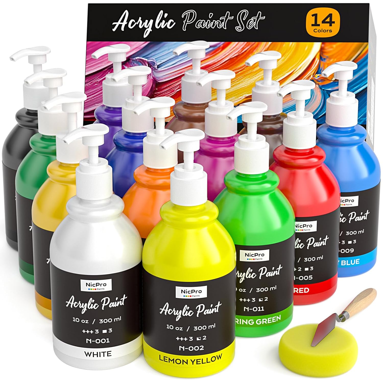 14 Colors Acrylic Paint Set (10Oz/300Ml), Large Bulk Acrylic Paints Kits Rich Pigment Art Painting Supplies For Artists, Beginners, Adults On Rock Crafts Canvas, Wood, Ceramic With Pump