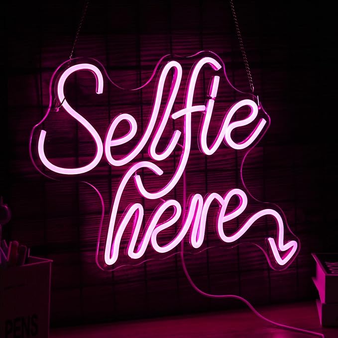 Selfie Here Neon Sign Dimmable Pink LED Wall Decor Light for Selfie Station Photo Studio