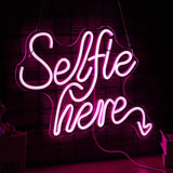 Selfie Here Neon Sign Dimmable Pink LED Wall Decor Light for Selfie Station Photo Studio