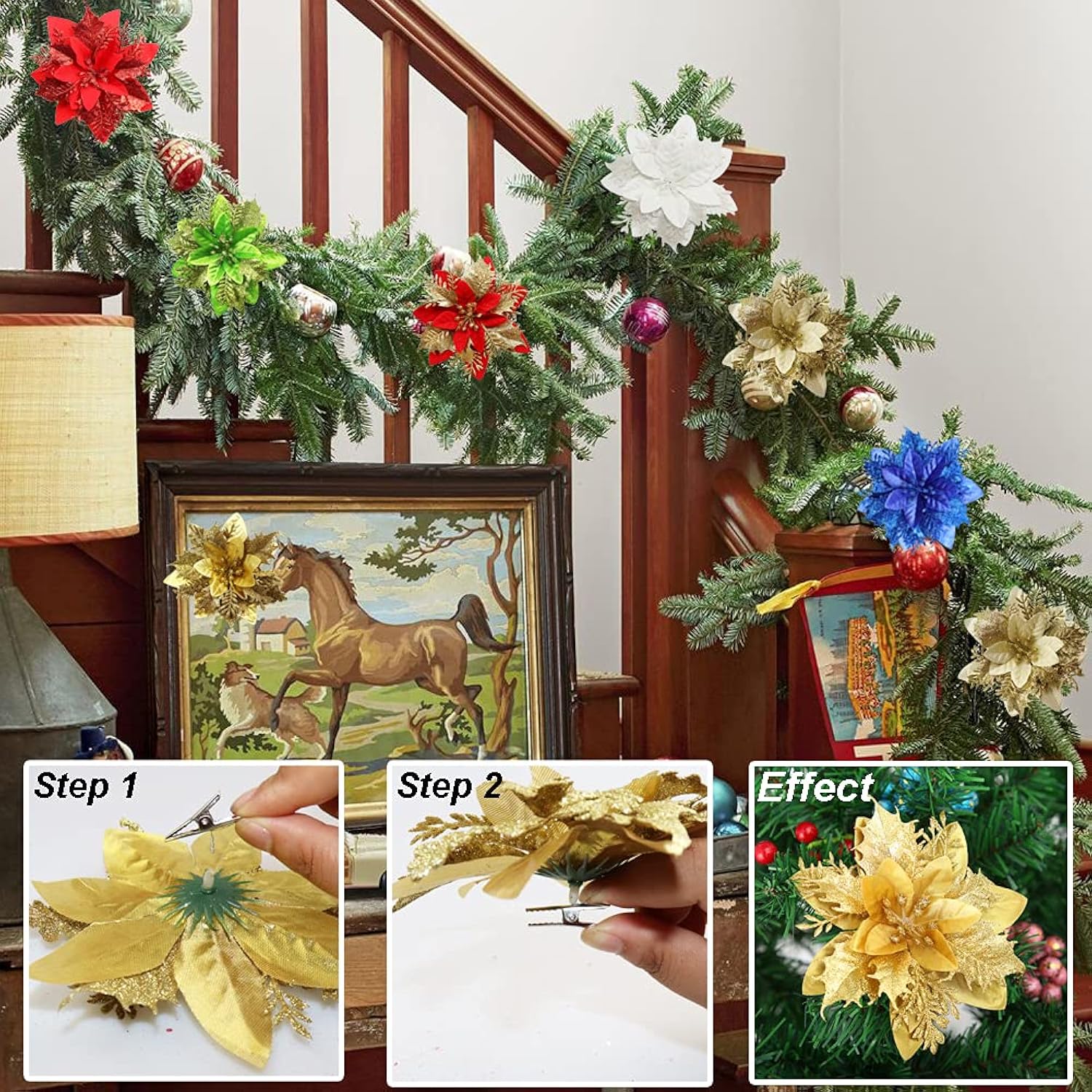 12 Pcs Poinsettia Artificial Christmas Flowers Decorations With Clips And Stems Glitter Christmas Poinsettia Decorations For Xmas Tree Ornaments Winter Party Wreath Decoration (Bright Golden)