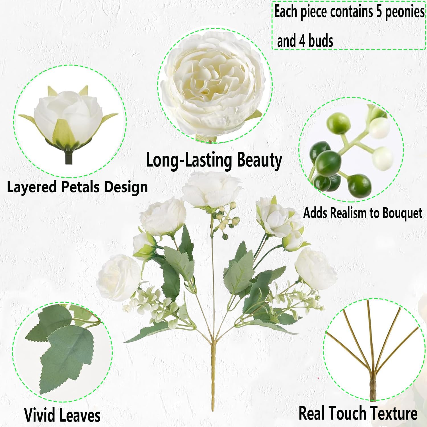 12 Bundles Peonies Artificial White Flowers Bouquet, Lifelike Silk Fake Peonies With Stems For Home Table Centerpieces, Wedding, Party & Diy Bridal Floral Arrangements (White)