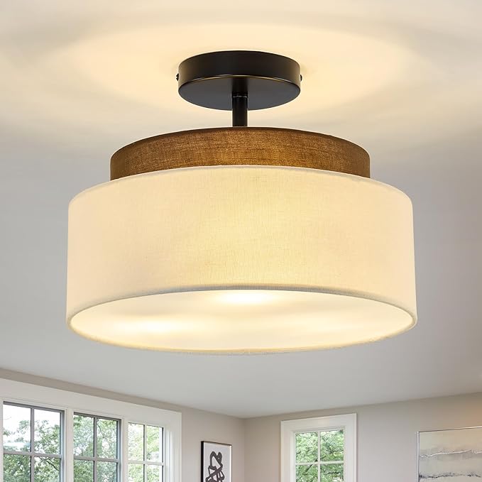 13 Inch Double Drum Semi Flush Ceiling Light Rustic Black 3 Light Fixture