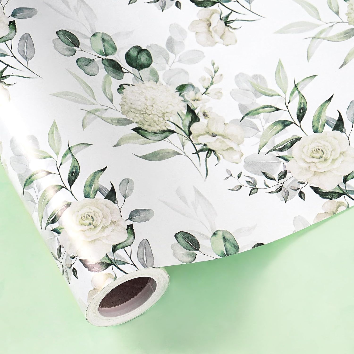 Reversible Floral Wrapping Paper For Women Girls, Mini Roll, Elegant Flower Greenery And Sage Green Gift Wrap Paper For Wedding, Birthday, Bridal Shower, Mother'S Day, 17 Inches X 16.4 Feet
