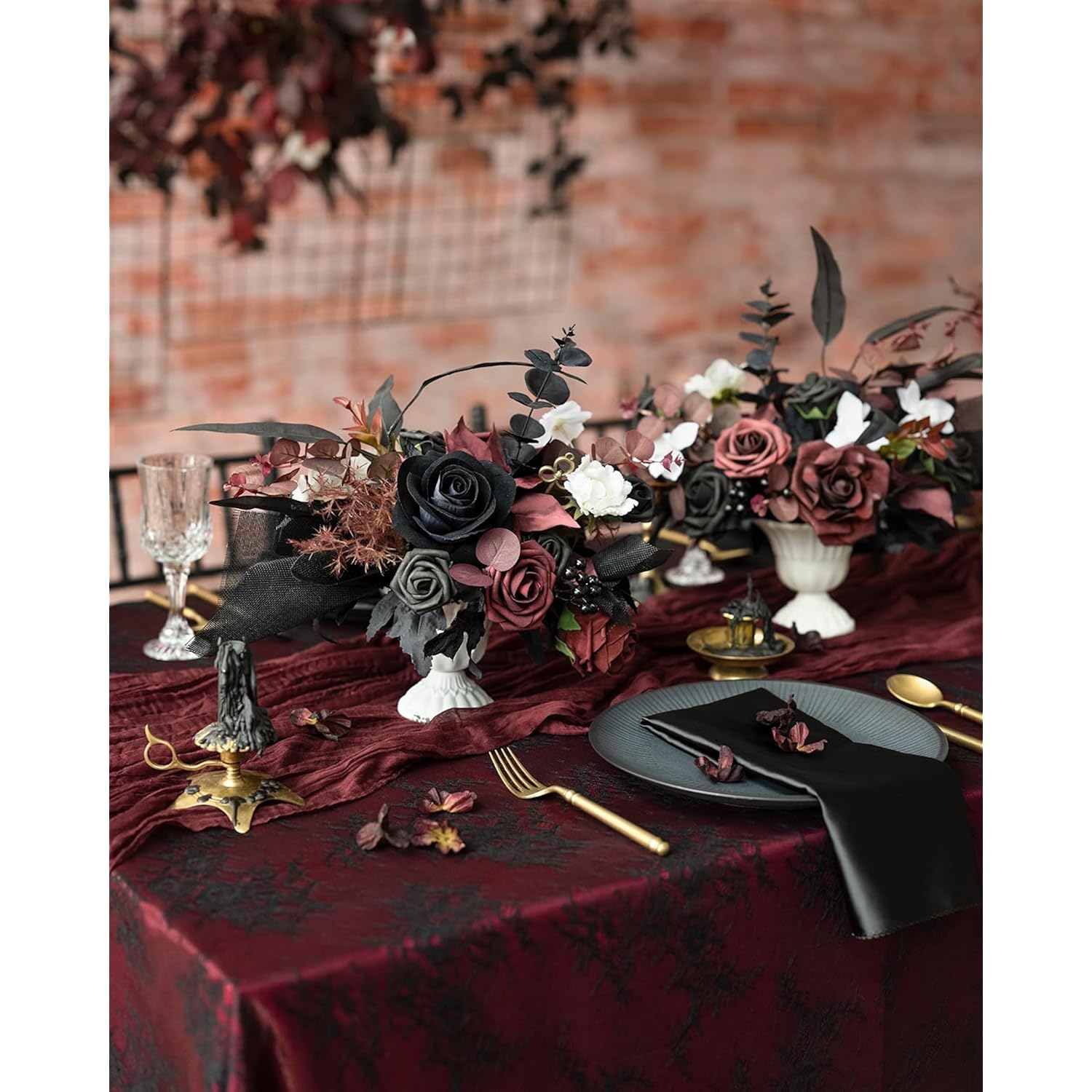 Fake Flowers Box, Faux Artificial Greenery Stems Foam Roses Dahlia Silk Maple Leaf Fabic Flower For Centerpieces Bouquet Wedding Vase Floral Decorations, Burgundy & Black, Mini Combo