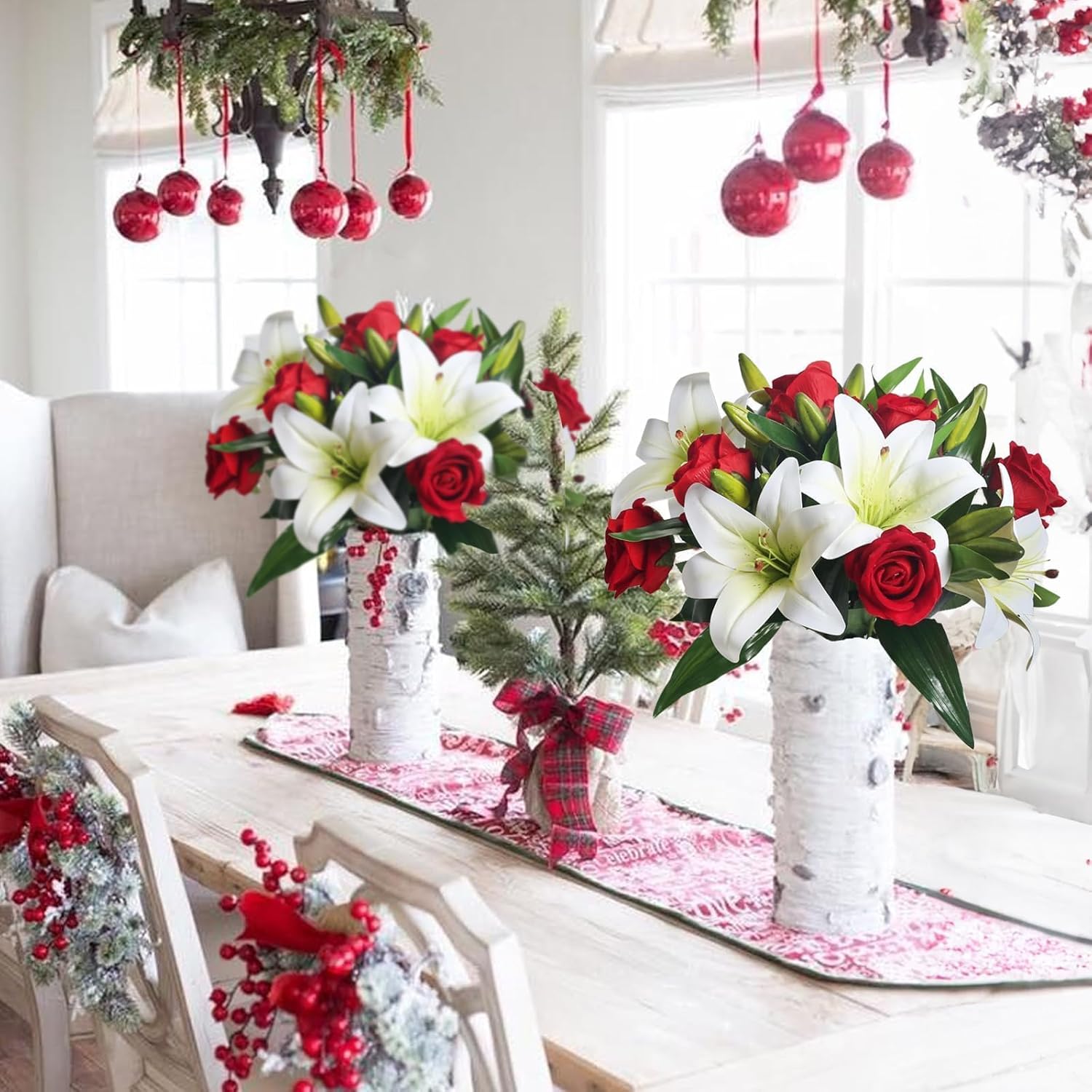 Artificial Valentines Flowers With Lillies Roses Artificial Spring Flowers Silk Flower Arrangements For Valentine'S Day Cemetery Home Party Wedding Table Centerpieces (White & Red)