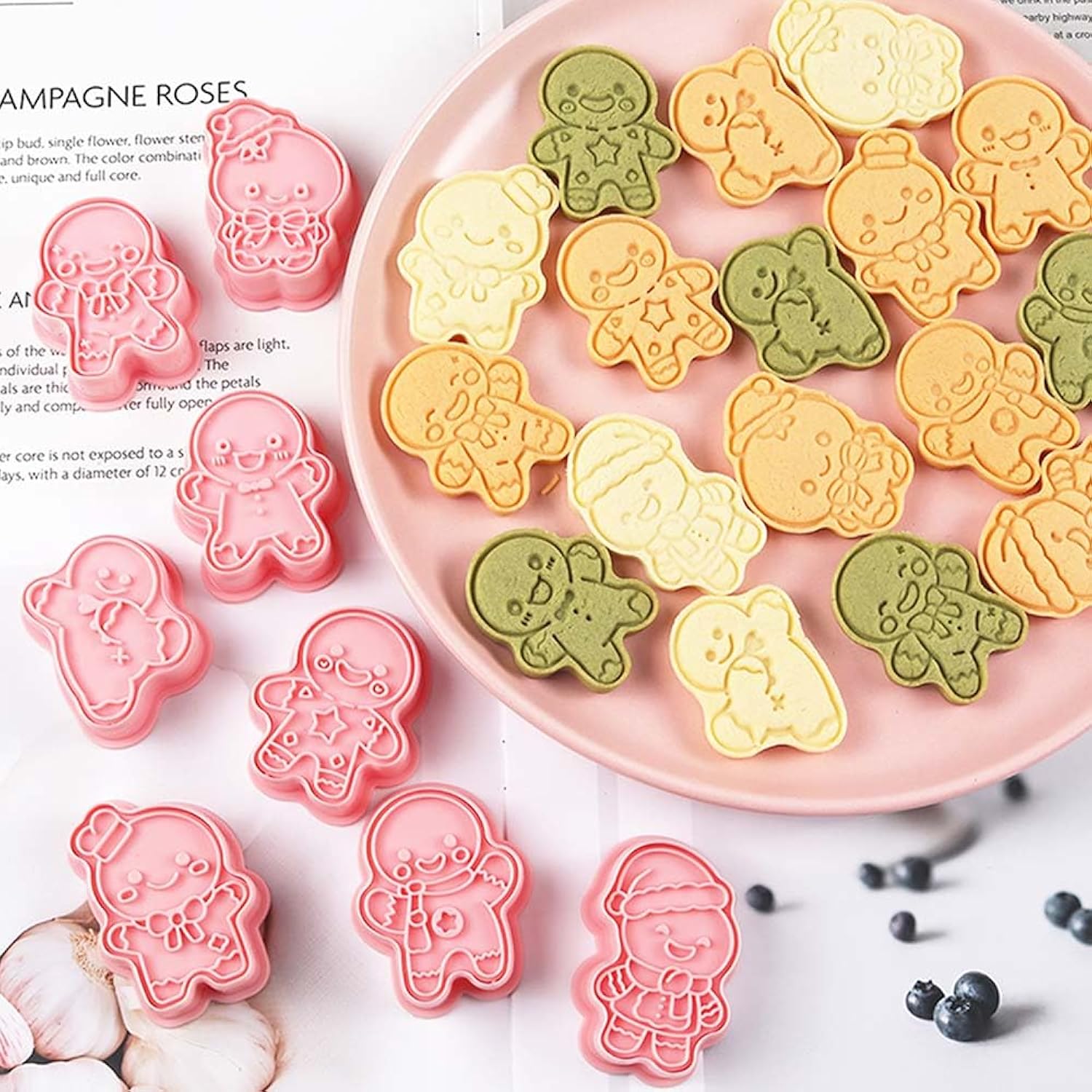 8 Mini Gingerbread Man Cookie Cutters, 3D Raised Christmas Design Cookie Stamps, Mini Funny Gingerbread Molds, Christmas Ornament Cookie Cutter Set Suit For Frosting Decoration(Gingerbread Man-1)