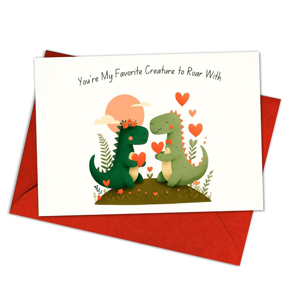 (5.3X8In) Cute Dinosaur Love Card, You’Re My Favorite Creature To Roar With, Funny Romantic Greeting For Boyfriend, Girlfriend, Adorable Dino Couple Anniversary Or Valentine’S Day Card (Xmas 14)