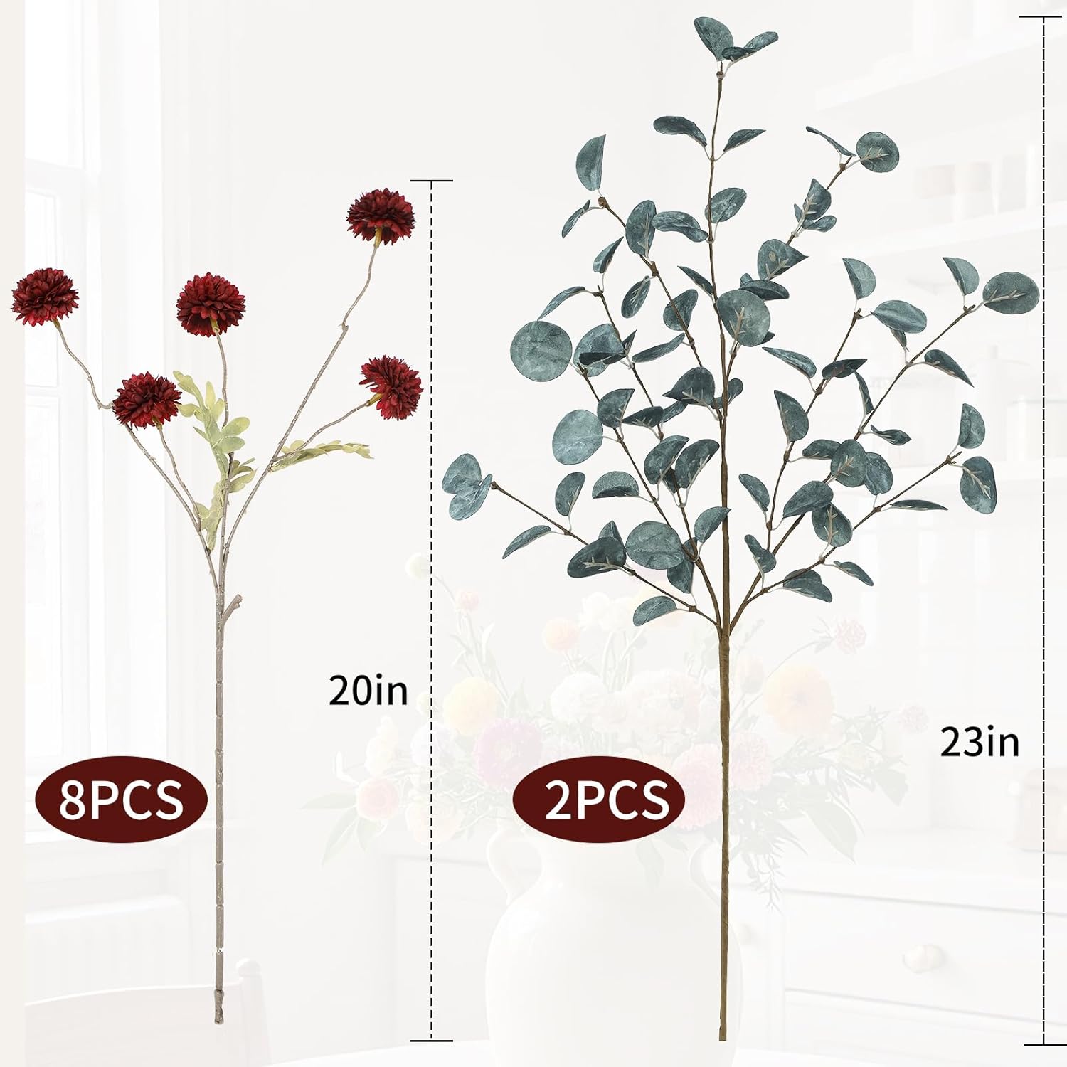 Artificial Flowers For Vase Kiku 8 Stems & 2 Eucalyptus,Fake Flowers Stems For Diy Wedding Bouquets Centerpieces Vase Home Table Kitchen Decorations