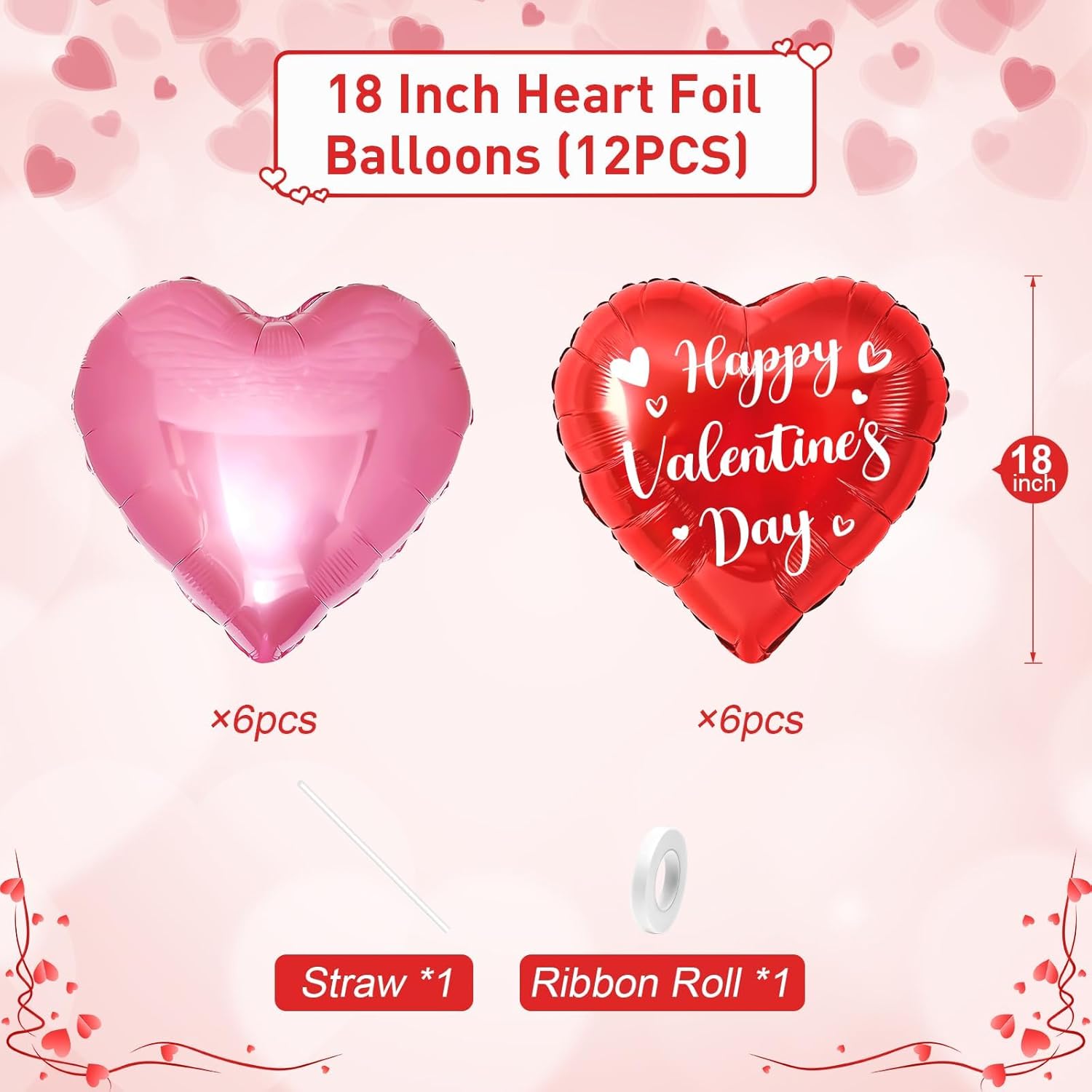 Valentines Day Heart Balloons, 18Inch Happy Red Valentines Balloons, Pink Heart Foil Balloons, 12Pcs Red Love Heart Shaped Helium Balloon For Romantic Celebrations Valentine Anniversary Party Decor