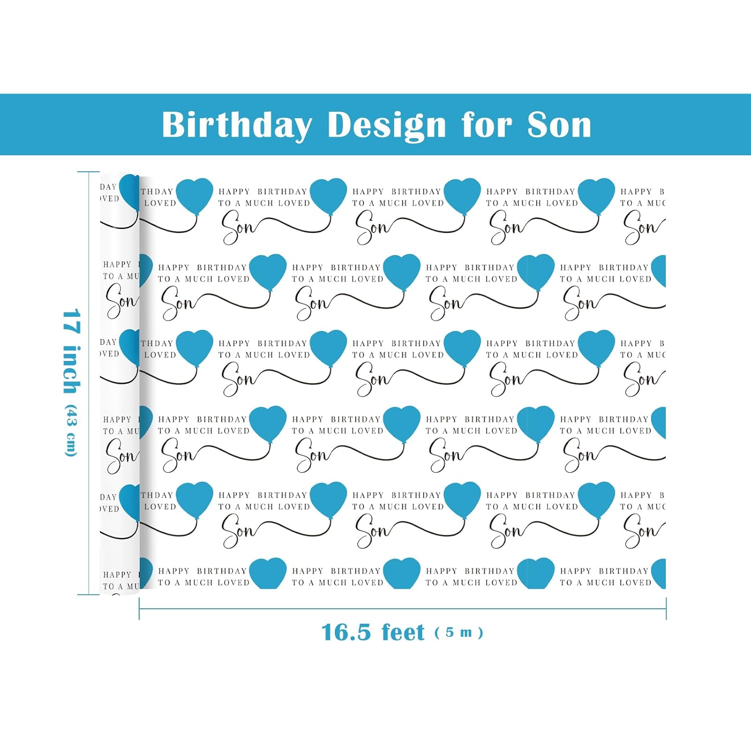 Birthday Wrapping Paper Roll For Son - Mini Roll - 17 Inch X 16.5 Feet - Happy Birthday To Son Lettering With Blue Love Balloon Design