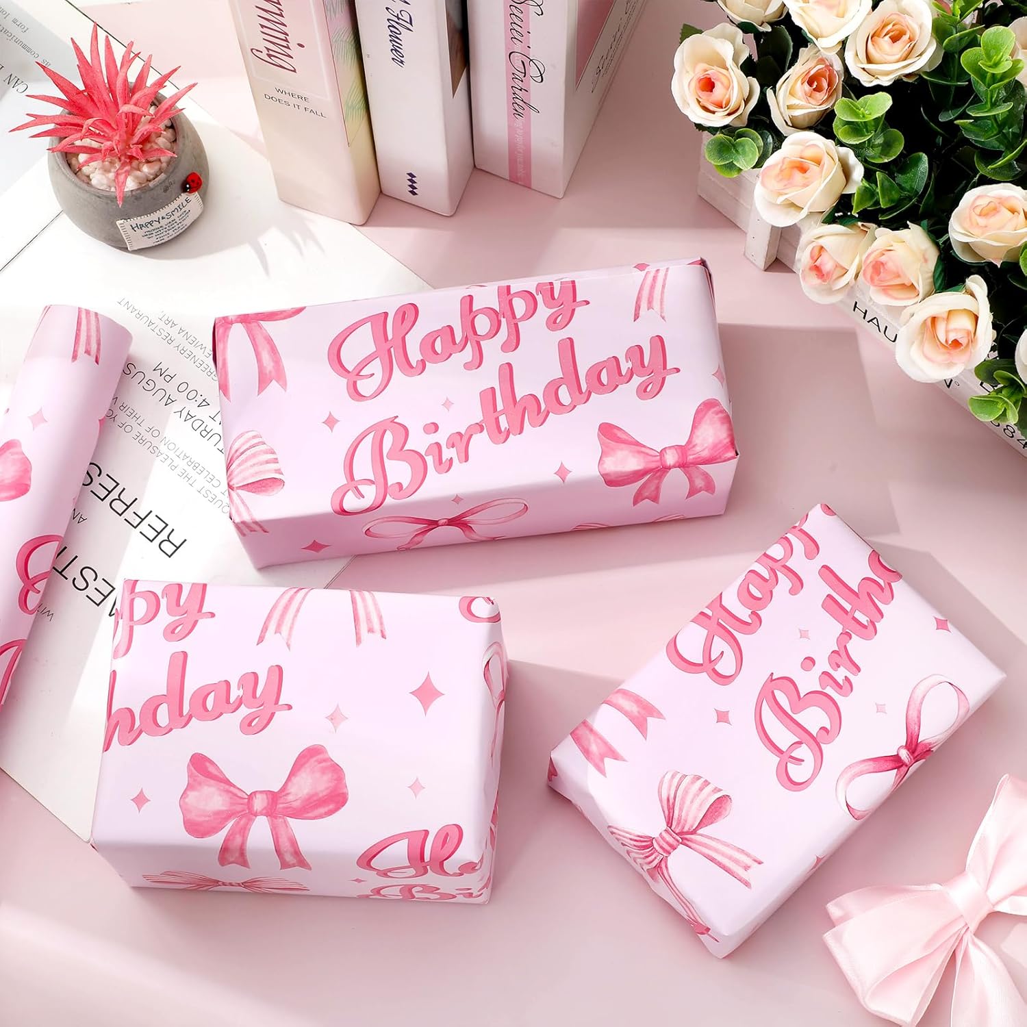 Happy Birthday Wrapping Paper Mini Roll 17In X 32.8Ft Watercolor Coquette Pink Bow Gift Wrap Paper For Girls Birthday Party Wrapping Supplies