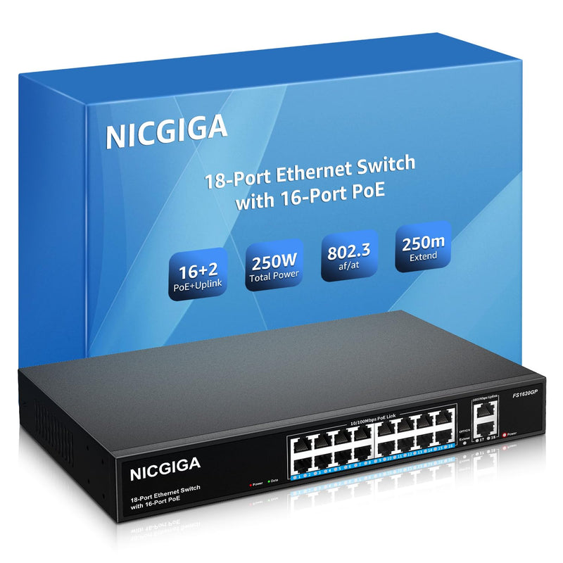 16 Port Poe Switch@250W With 2 Gigabit Uplink Port, 18 Port Ethernet Poe Switc