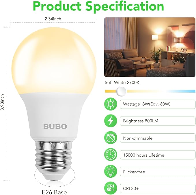 A19 LED Light Bulb 60W Equivalent Soft White 2700K E26 Base 24 Pack