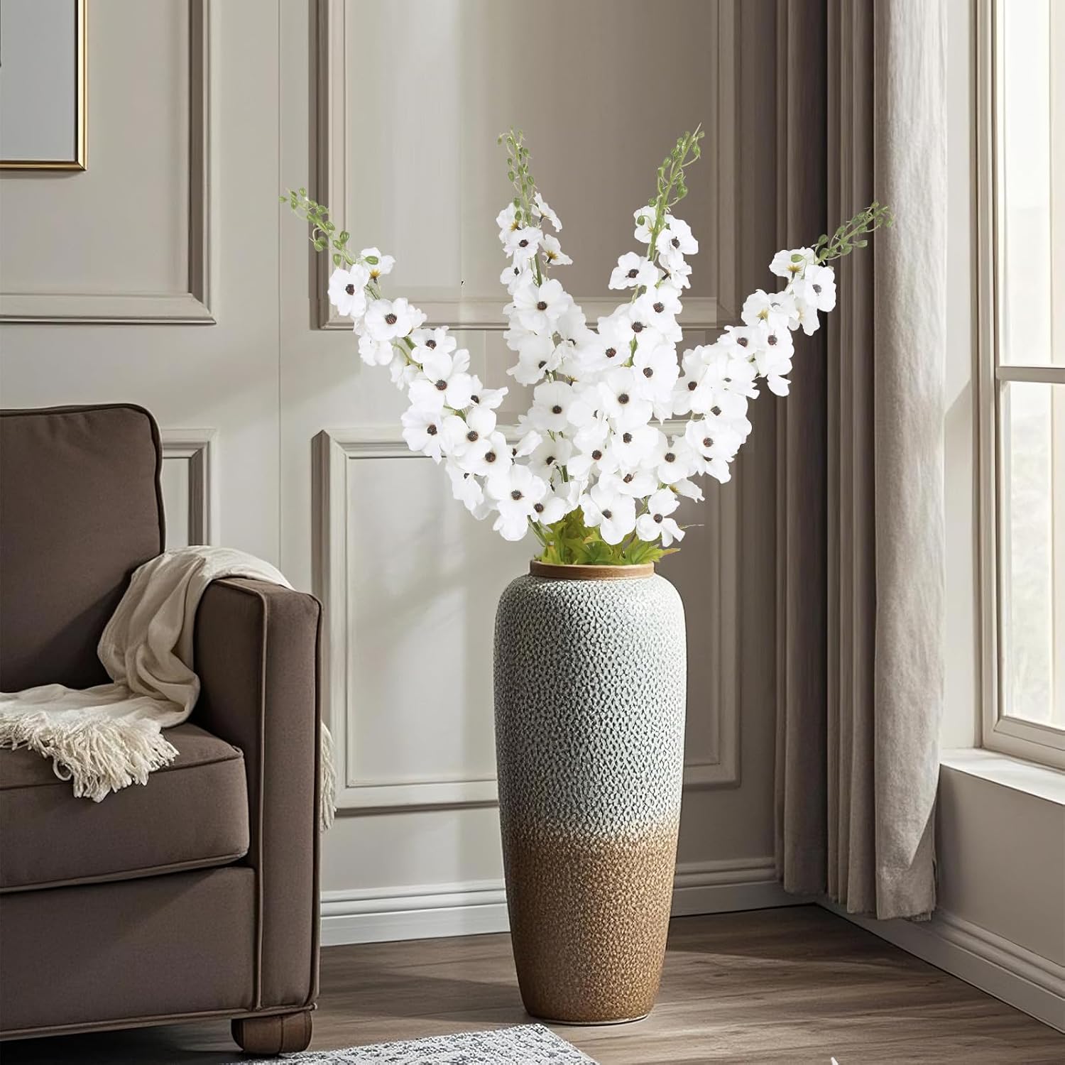 42'' Long Stem White Delphinium Artificial Flowers For Tall Vases 4Pcs Fake Hollyhock Silk Flowers Realistic Larkspur Faux Flower For Home Wedding Table Decor Floral Arrangement (Pure White)