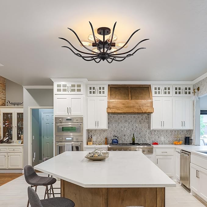 31.5 Inch Black Farmhouse Chandelier 6 Light Semi Flush Mount Ceiling Fixture