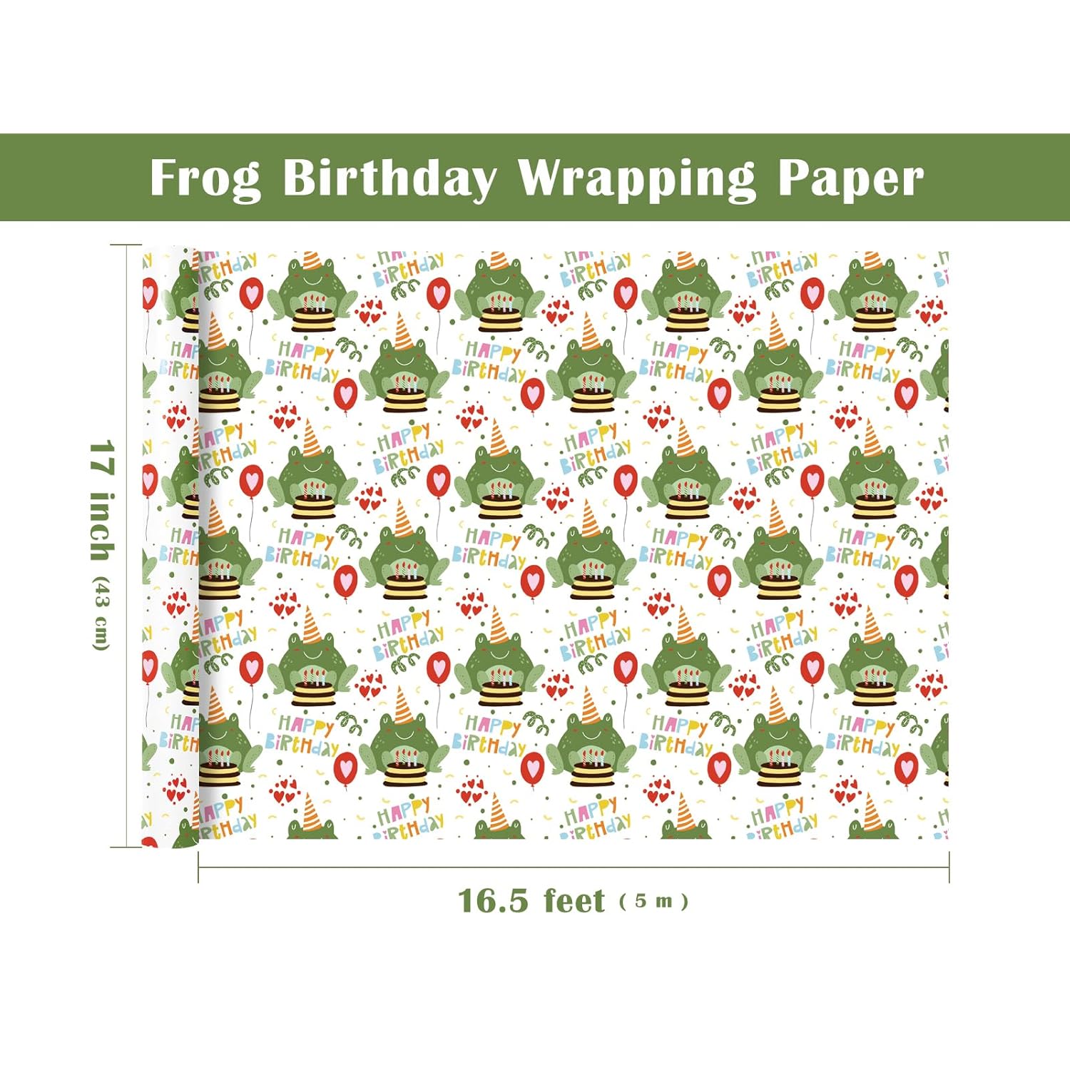 Frog Birthday Wrapping Paper Roll - Mini Roll - 17 Inch X 16.5 Feet - Happy Birthday And Cute Frog Wrapping Paper Perfect For Kids Boy Girl, Baby Shower