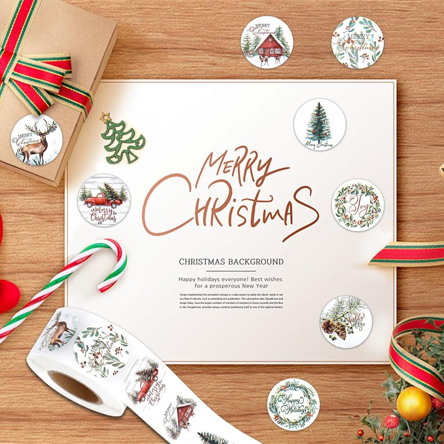 Christmas Stickers, 1000 Pcs Merry Christmas Sticker Roll, Round Self Adhesive Seals Label Sticker Decals For Xmas Holiday Seals Cards Gift Envelopes Crafts Present Box Decoration (8 Designs, 1 Inch)