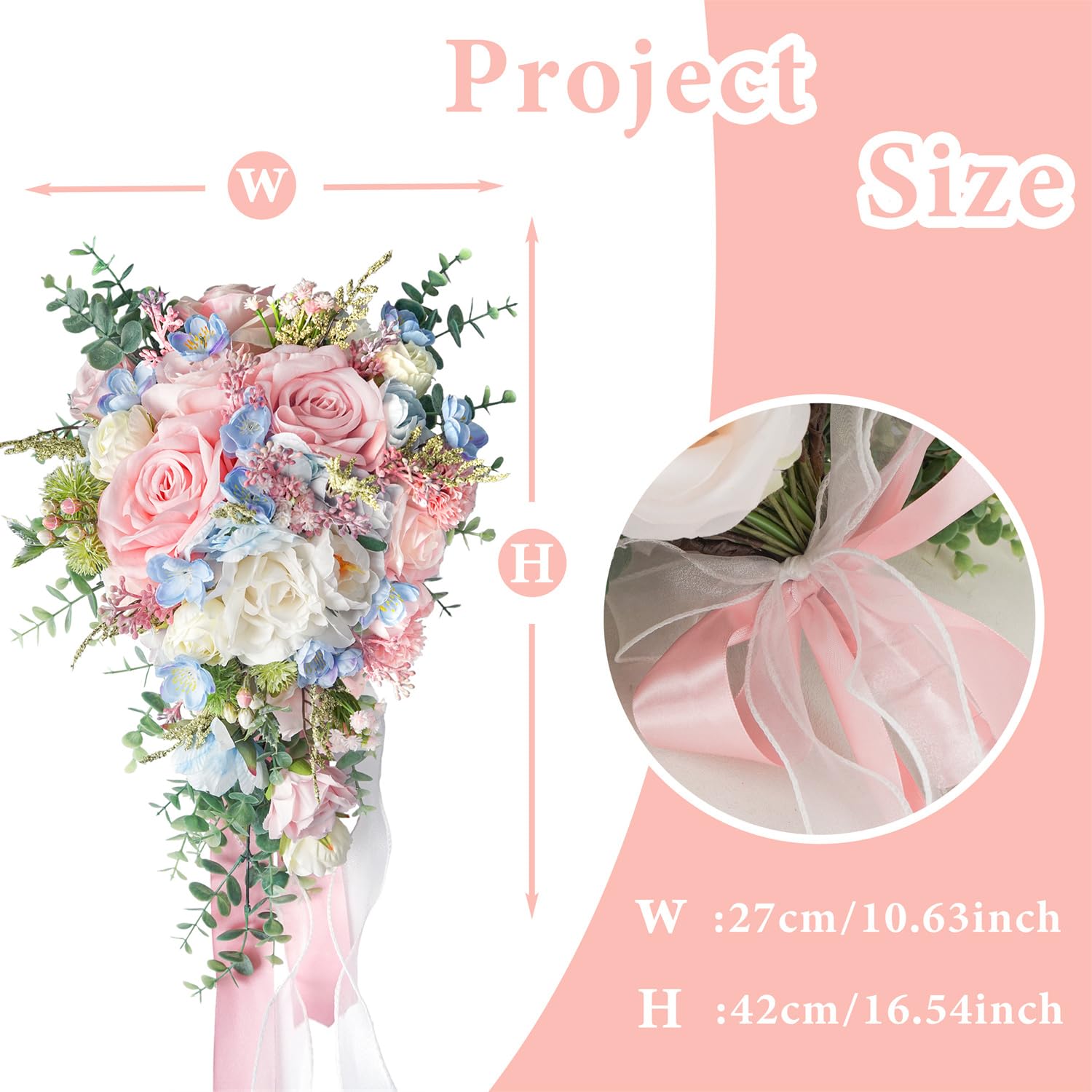 Large Pink Rose Bouquets For Bride Spring Summer Wedding Creamy Blue Blush Pink White Cascading Bridal Bouquet Artificial Silk Flower Boho Rustic Ceremony Anniversary Decor Toss Bouquet