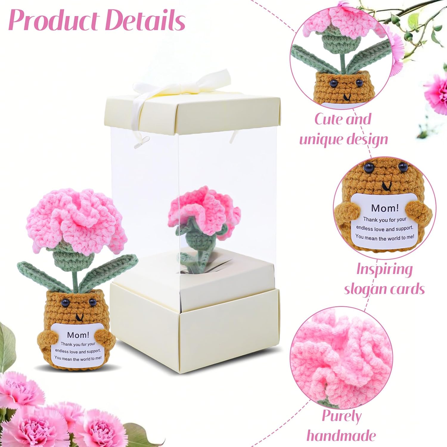 Mother'S Day Decor Artificial Carnation Flowers Handmade Crochet Flower Bouquet Cute Knitted Flower Bouquet Kit Crochet Plant Potted Artificial Carnations Gift Box (Pink, 1Pcs)