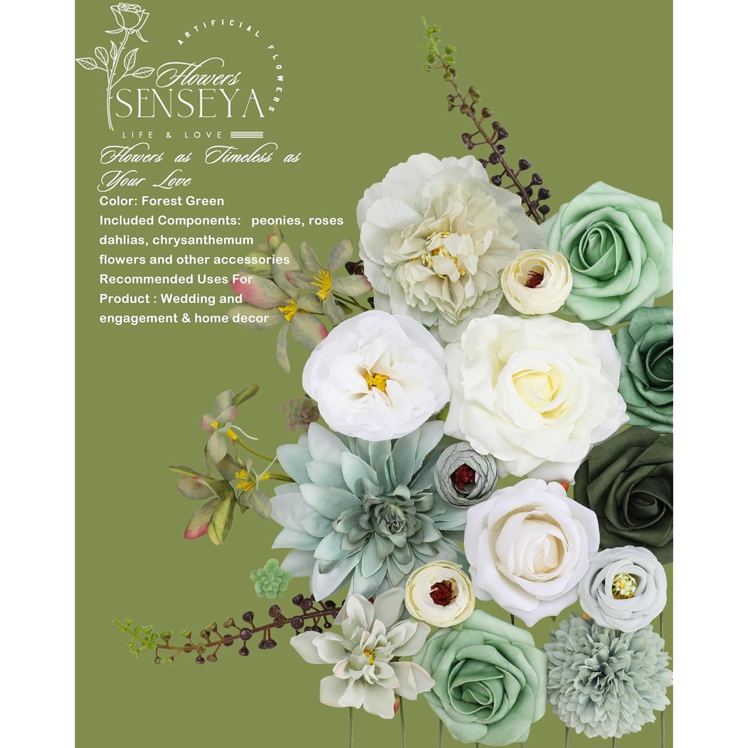Artificial Flowers Combo Set, Green Silk Roses, Peonies, Dahlias With Stems For Diy Wedding Bouquets, Baby Shower, Table Centerpieces, Home Decor, Fake Floral Arrangements, Party Decorations
