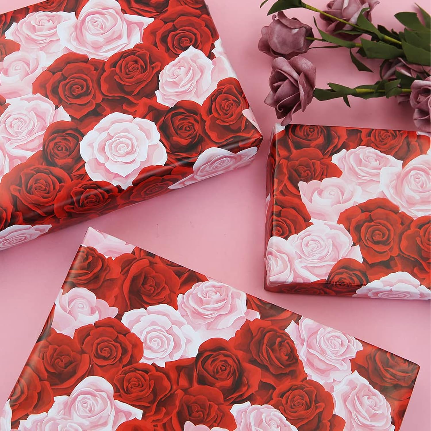 Rose Gift Wrapping Paper, Red And Pink Floral Gift Wrap 4 Folded Sheets Bridal Shower Wedding Wrapping Paper For Valentine'S Day Birthday Women Mother'S Day Lover'S Gift Wraps
