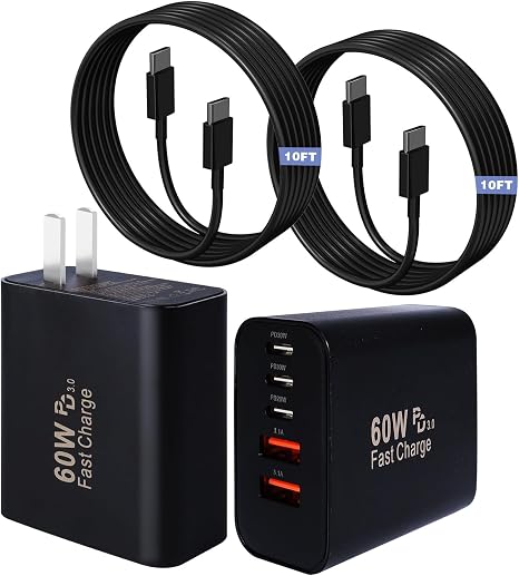 2 Pack 60W 5 Port USB C Fast Charger with 10FT Cable for iPhone 17 16 15 Pro