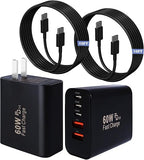 2 Pack 60W 5 Port USB C Fast Charger with 10FT Cable for iPhone 17 16 15 Pro