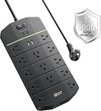 Heavy Duty Surge Protector Power Strip 13 Outlets 4 USB Ports USB C 5000J 14AWG Black