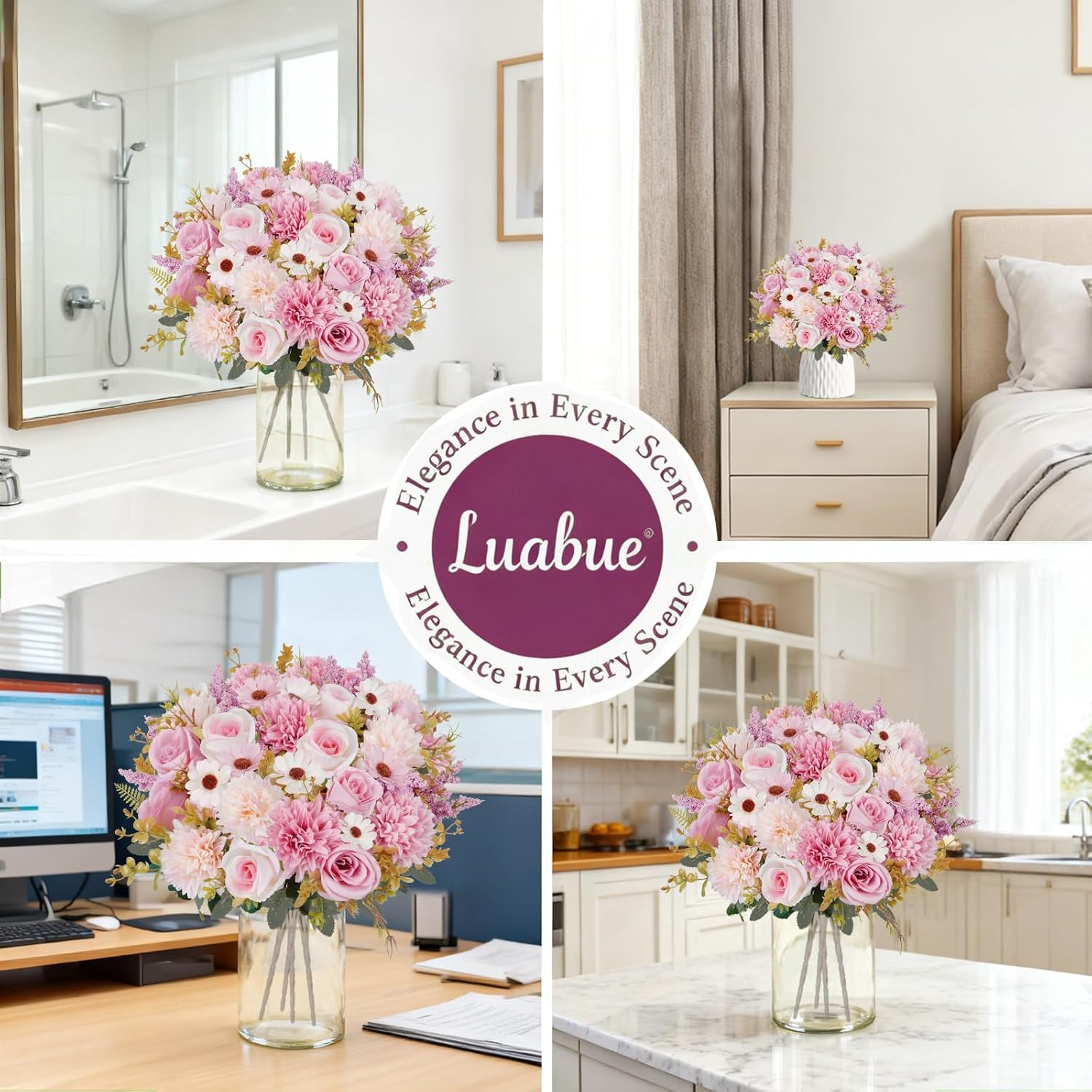 4 Pcs Pink Flowers Artificial With Chrysanthemum Flowers Fake Roses Bouquet Silk Flower Arrangements For Home Decor Wedding Party Table Centerpieces Decoration Indoor Outdoor