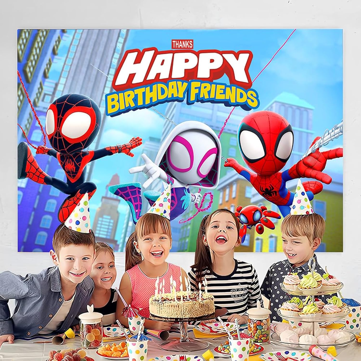 Spider and Friends Birthday Banner 5x3ft Kids Party Backdrop Decor