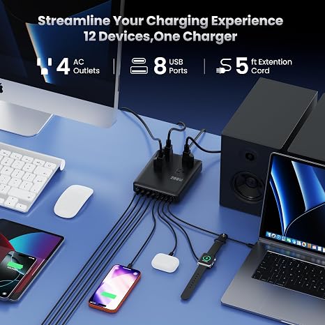 200W Charging Station 12 in 1 Power Strip 4 AC 4 USB A 4 USB C 5FT