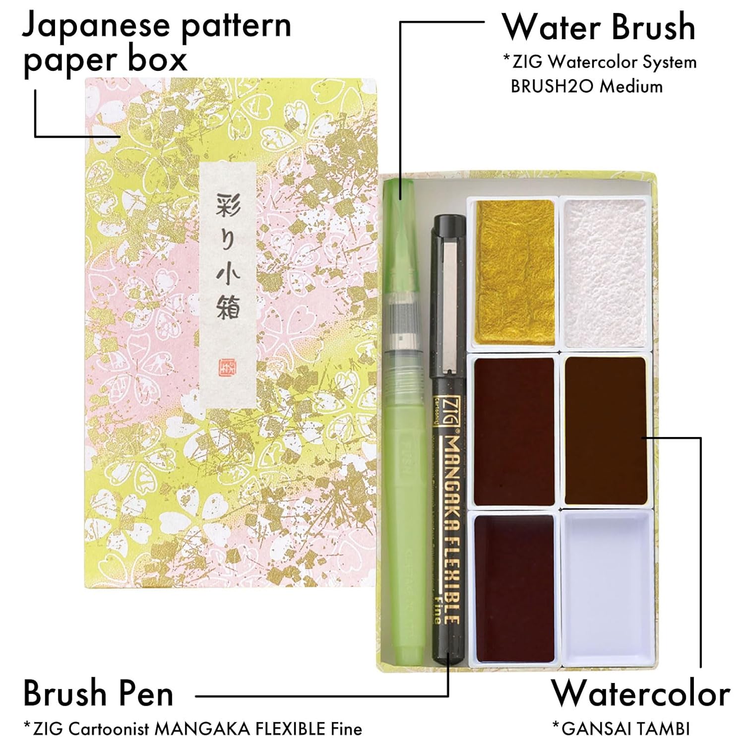 Gansai Tambi Irodori Kobako?Sakura Pattern?-Limited Edition, 5 Color Watercolor Set With Water Brush Pen & Black Pen, Granurating And Metalic, Made In Japan, Mc23-13A