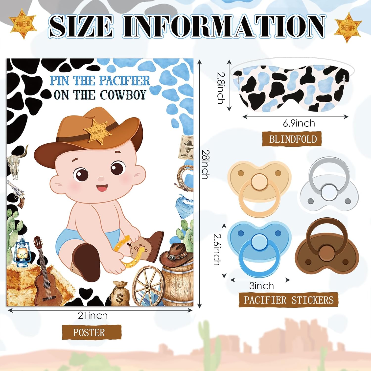 Pin The Pacifier On The Cowboy Party Games First Rodeo Party Decor Include A Baby Poster Blindfold 24 Pacifier Stickers For Western Theme Baby Shower Decorations (White,West Cowboy)