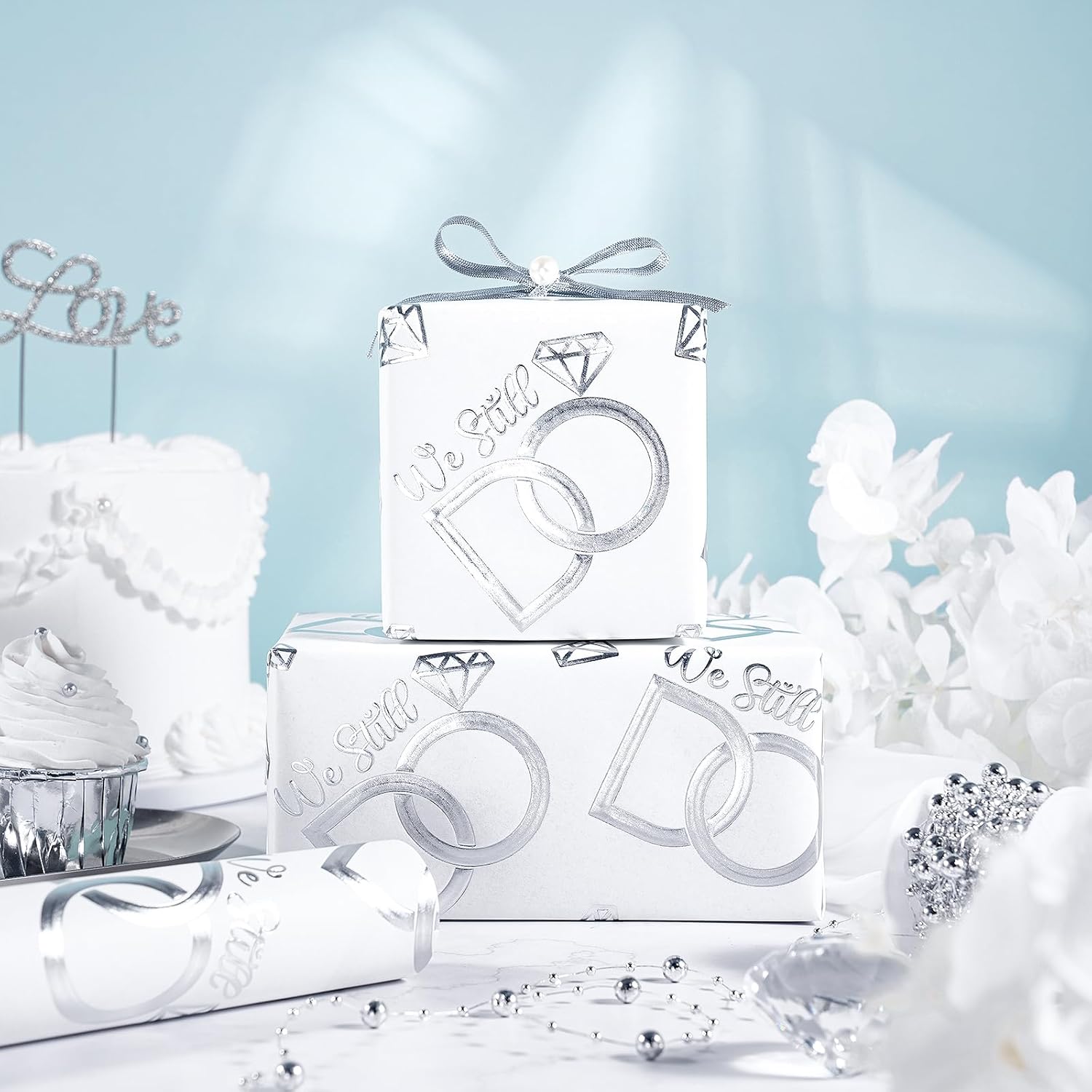 Anniversary Wrapping Paper Roll, Mini Roll, Silver Foil We Still Do Design With Wedding Ring, Elegant Gift Wrap For Wedding, Anniversary, Engagement, Bridal Shower, 17 Inches X 16.4 Feet