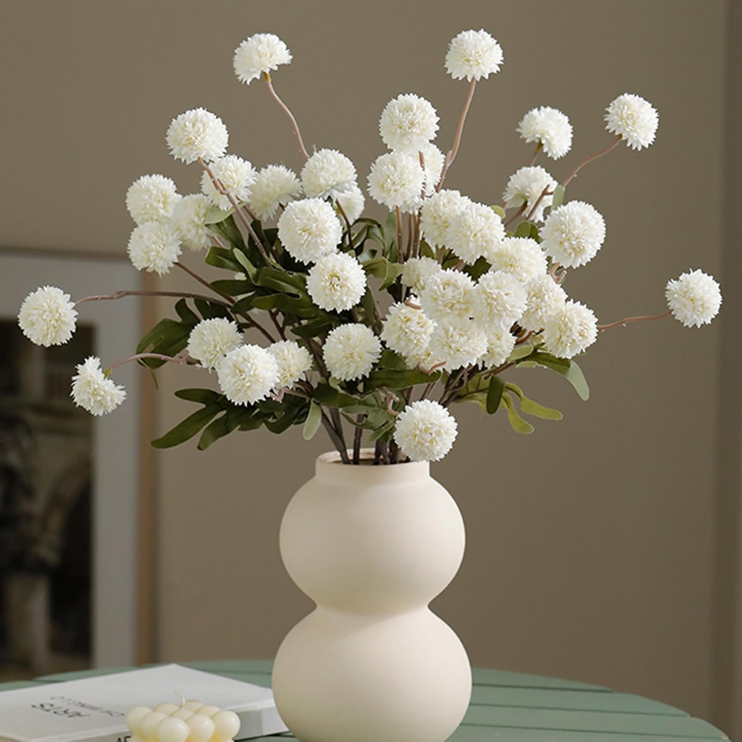 White Faux Kiku Flower,10 Stems Artificial Chrysanthemum Flowers With Eucalyptus, Fake Long Stem Mums Balls Arrangements, Dried Pompom Hydrangea For Vase, Centerpiece?Aesthetic Room Decoration