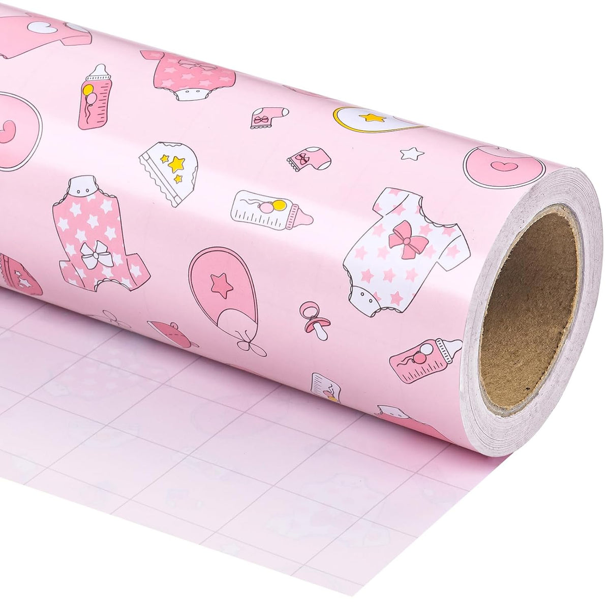 Pink Baby Shower Wrapping Paper - Mini Roll - 17 Inch X 16.5 Feet - Baby Girl Pink Wrapping Paper With Snapsuit And Bottle Design For Gender Reveal Party, Girls Birthday