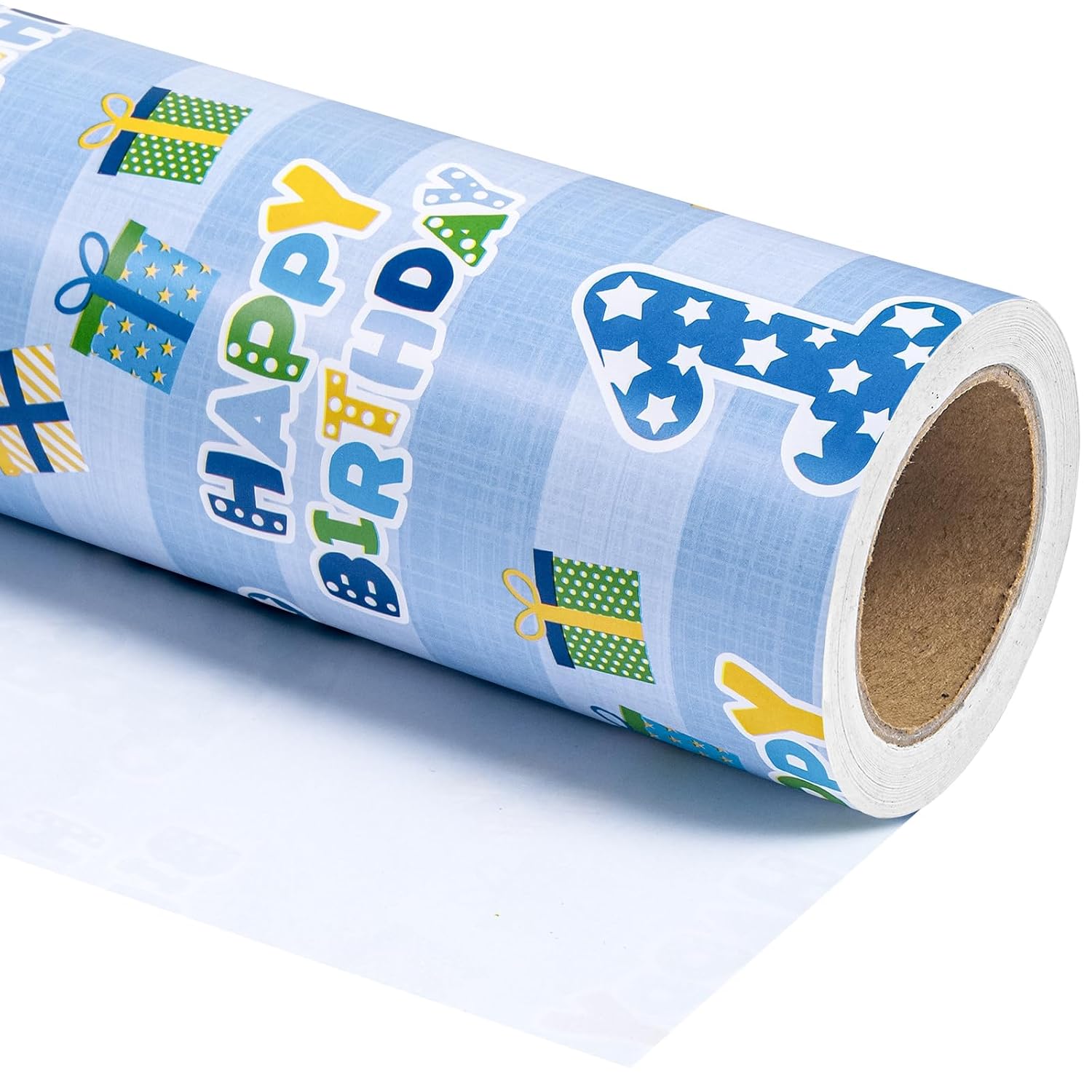 1St Birthday Wrapping Paper - Mini Roll - 17 Inch X 33 Feet - Blue Happy Birthday With Gift Box Design For Boys Kids, Baby Shower, Party, Holiday