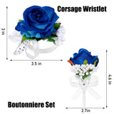 2Pcs Blue Rose Corsage And Boutonniere Set, Corsage Wristlet Band For Prom Suit Decorations, Artificial Boutonniere For Men Wedding Party Flower Accessories
