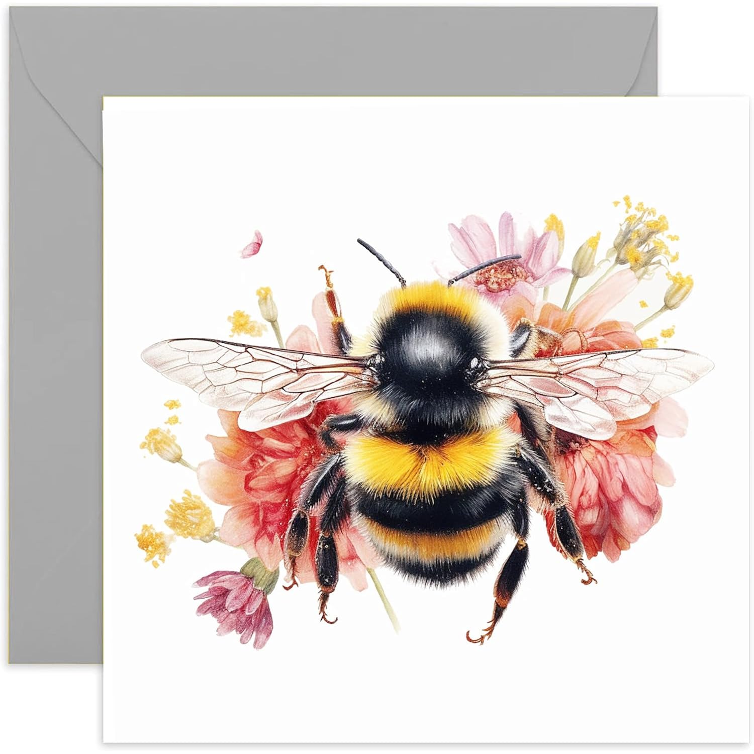 Old English Co. Pink Flowers Bumblebee Birthday Card - Painted Botanical Wildlife Card - Birthday Bumblebee Greeting Card For Her - Birthday Card For Her | Blank Inside With Envelope