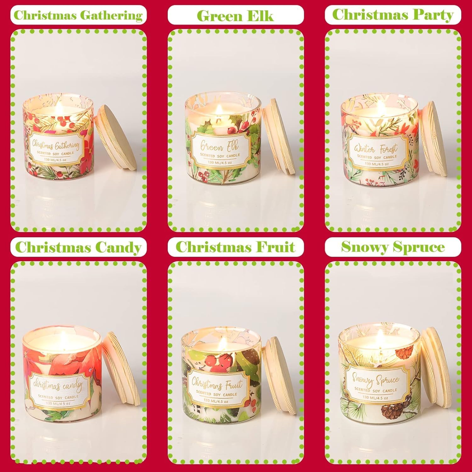 6 Pack Christmas Scented Candles With Lid Soy Wax Strong Fragrance Different Scent Clean Burn Long Time Aromatherapy Glass Jar Candles For Home Scented Xmas Theme Decorations Gift Set