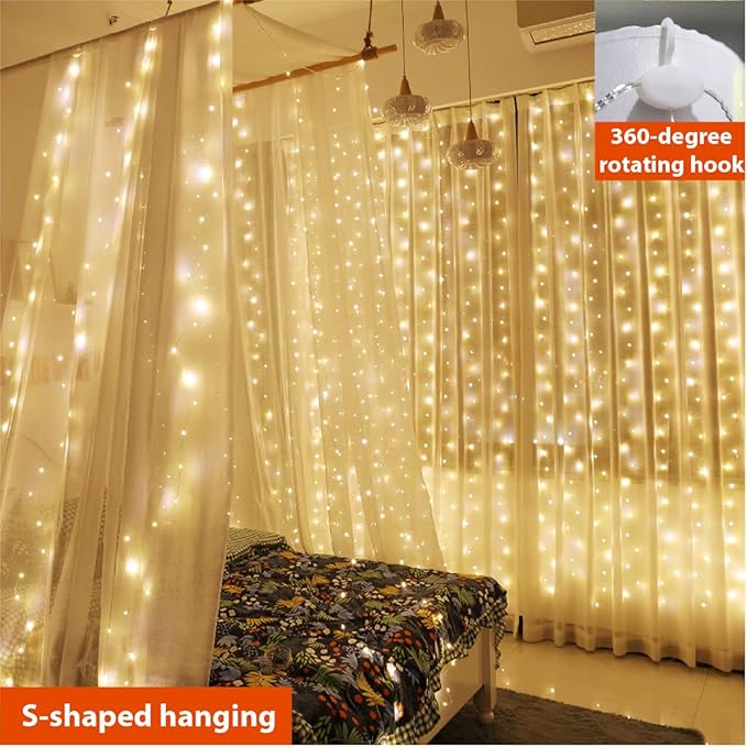 300 LED Curtain Fairy Lights 9.8FT x 9.8FT Warm White USB Plug In with Remote 8 Modes Silver Wire for Bedroom Wedding Party Decor