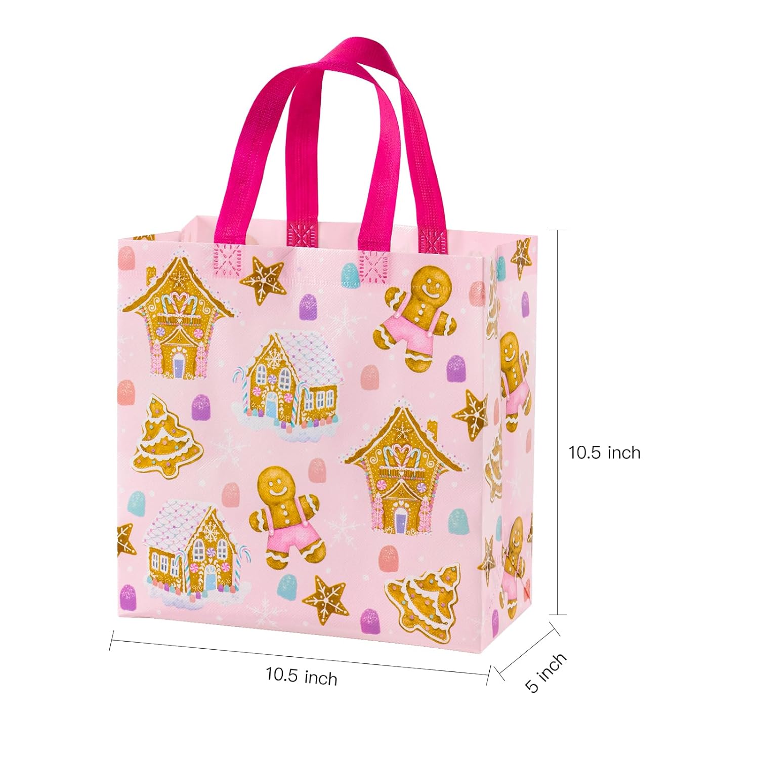 12 Pack Christmas Reusable Gift Bag With Handles - Medium Size 10.5 X 5 X 10.5 Inch - Pastel Pink Purple Gingerbread House And Santa Design, Perfect For Christmas, Party Favor, Shopping