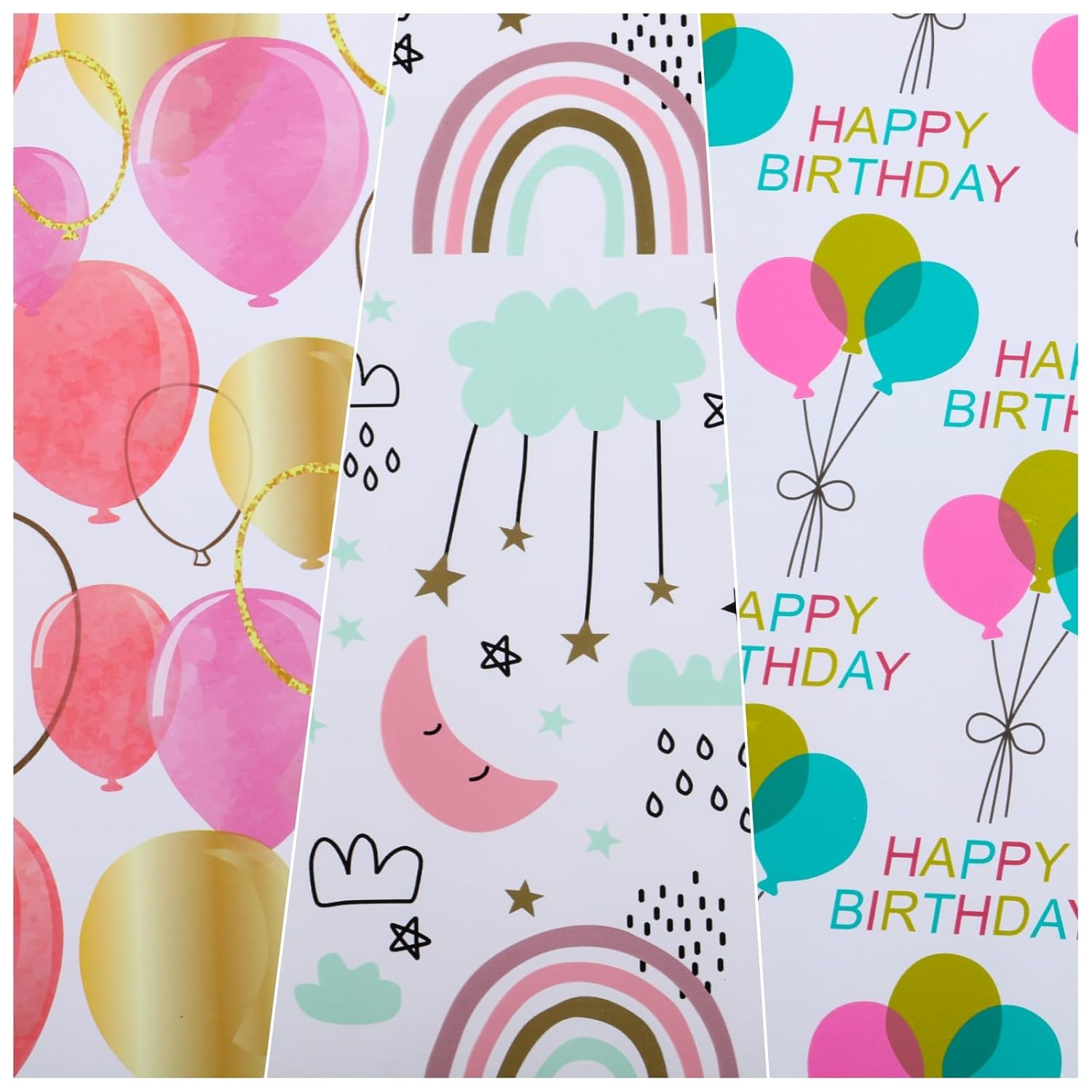 Gift Birthday Wrapping Paper, 3 Mini Rolls, 17 Inch X 9.8 Feet, Balloons, Rainbow And Sky Elements Design For Birthday, Valentines, Mothers Day, Celebration, Holiday, Party, Baby Shower