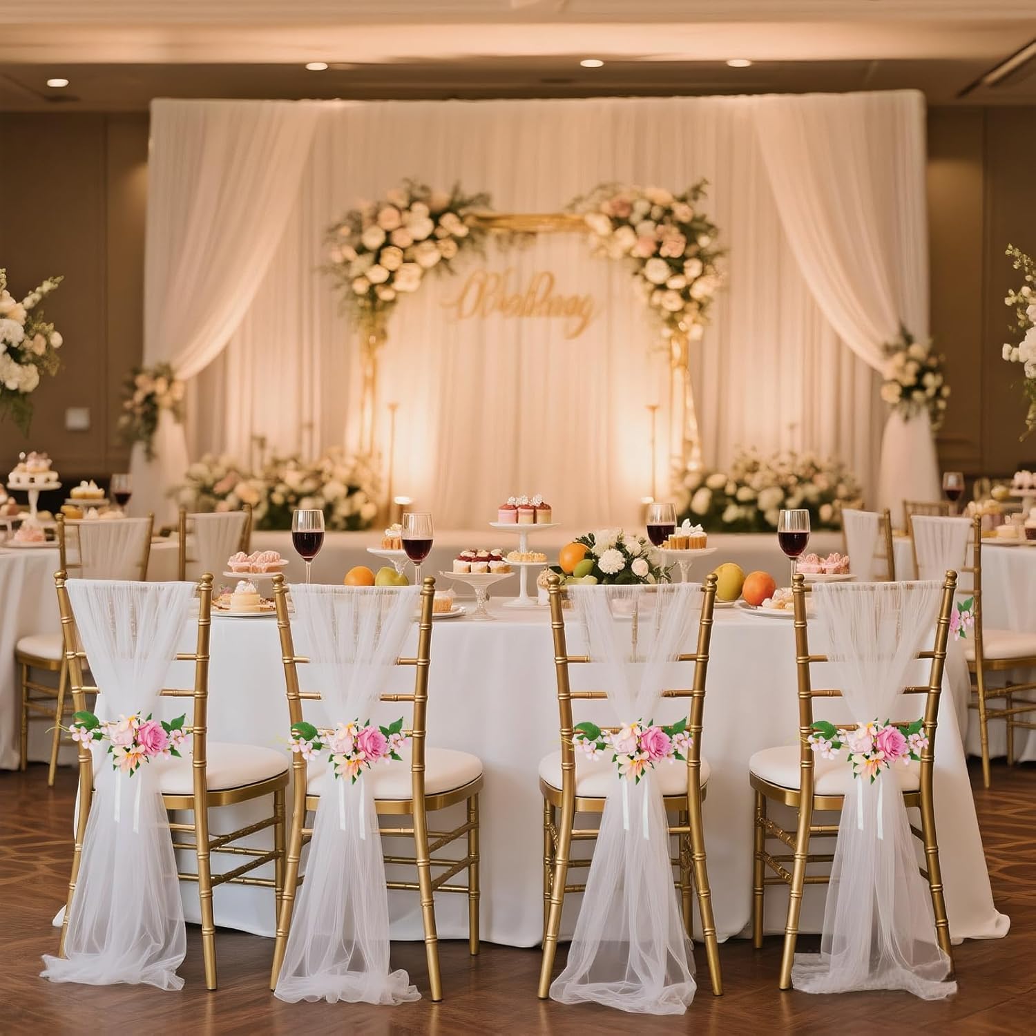 White Chair Sashes With Artificial Flower For Wedding Aisle Decorations,4Pack 6.56 Ft Chiffon Long Chair Draping Fabric Fit To Wedding Aisle Decorations,Rreceptions, Banquets, Churches