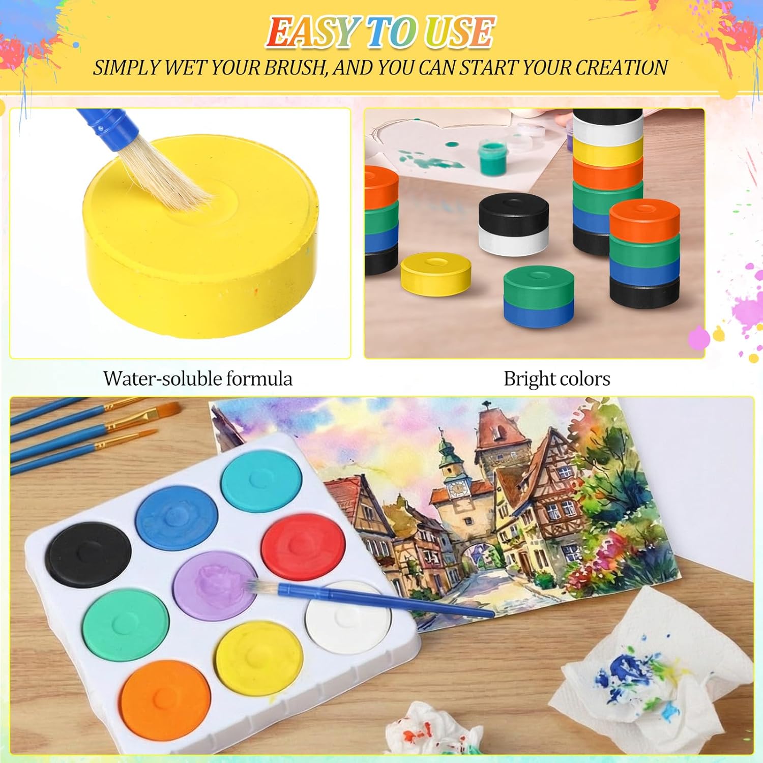 36 Pcs Tempera Paint Cakes With Tray 9 Colors 2.24 X 0.71 Inch Giant Tempera Paint Set Painting Cakes Tray Palette With Paintbrush Paints Blocks Adults Art Supplies Crafts Drawing Artists