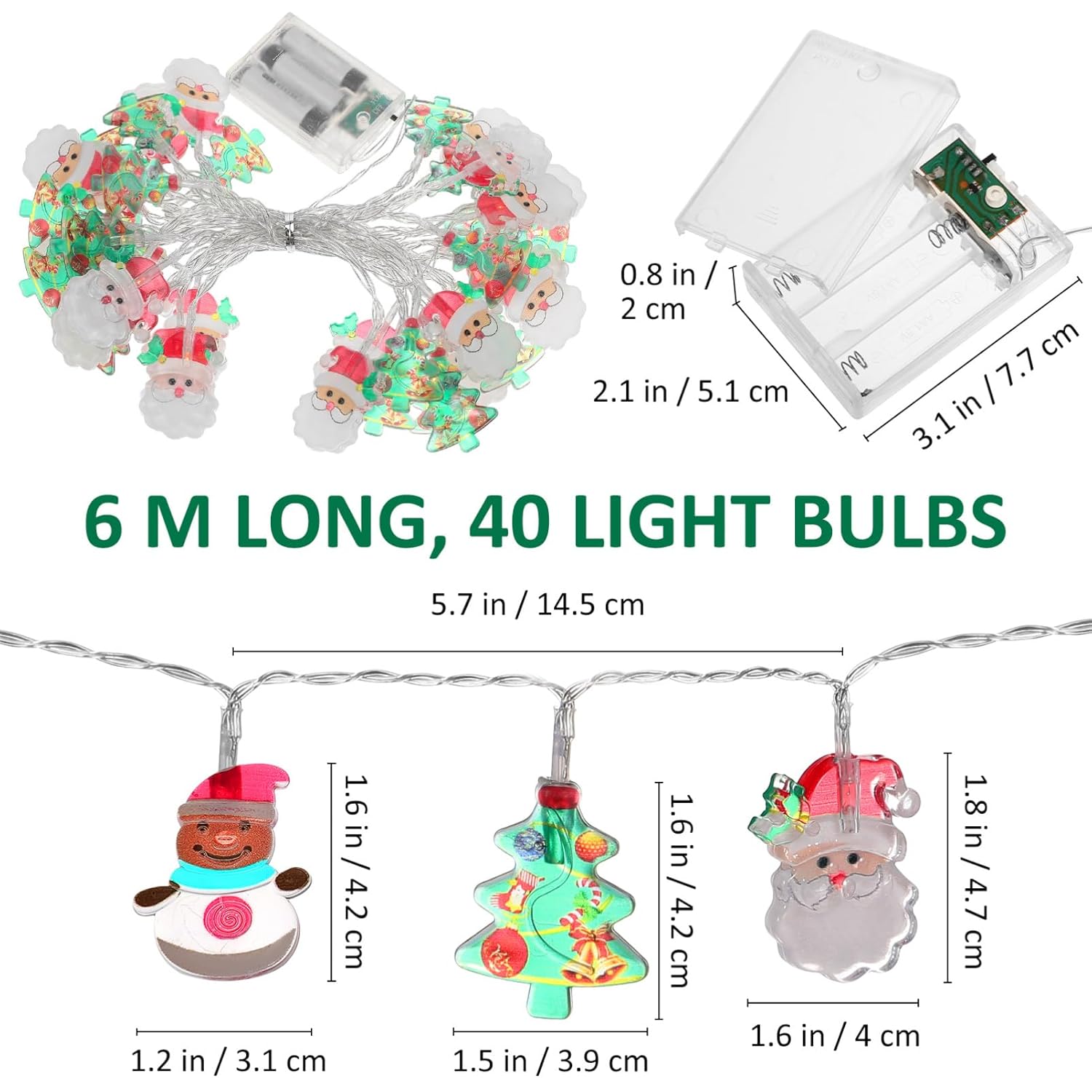 Christmas String Lights,20 Ft 40 Led Snowman Santa String Lights Xmas Tree Lights, Waterproof Fairy Christmas Lights,Bat
