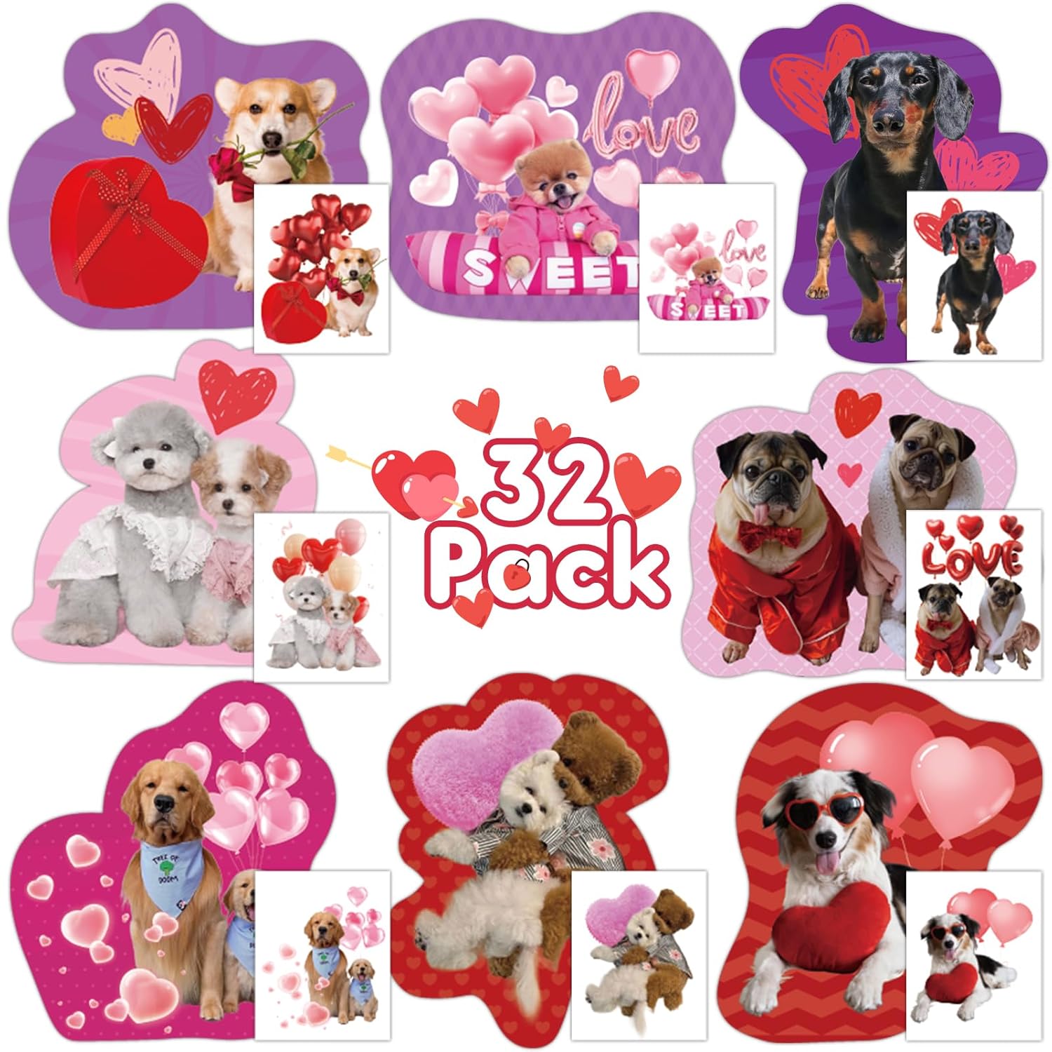 32 Pack Valentines Card For Kids Classroom, Pet Dogs Valentines Cards With Tattoos Envelopes, Happy Valentine Cards For Kids School, Party Exchange Favors Gifts For Boys Girls